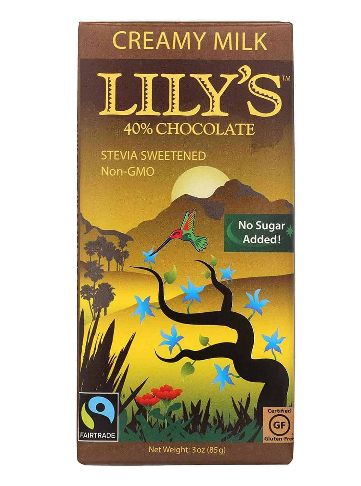 A bar of Lily's Creamy Milk Chocolate - a low point chocolate choice