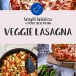 A collage of pictures of vegetarian lasagna with the smartpoint value on the blue plan