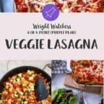 A collage of pictures of vegetarian lasagna with the smartpoint value on the purple plan