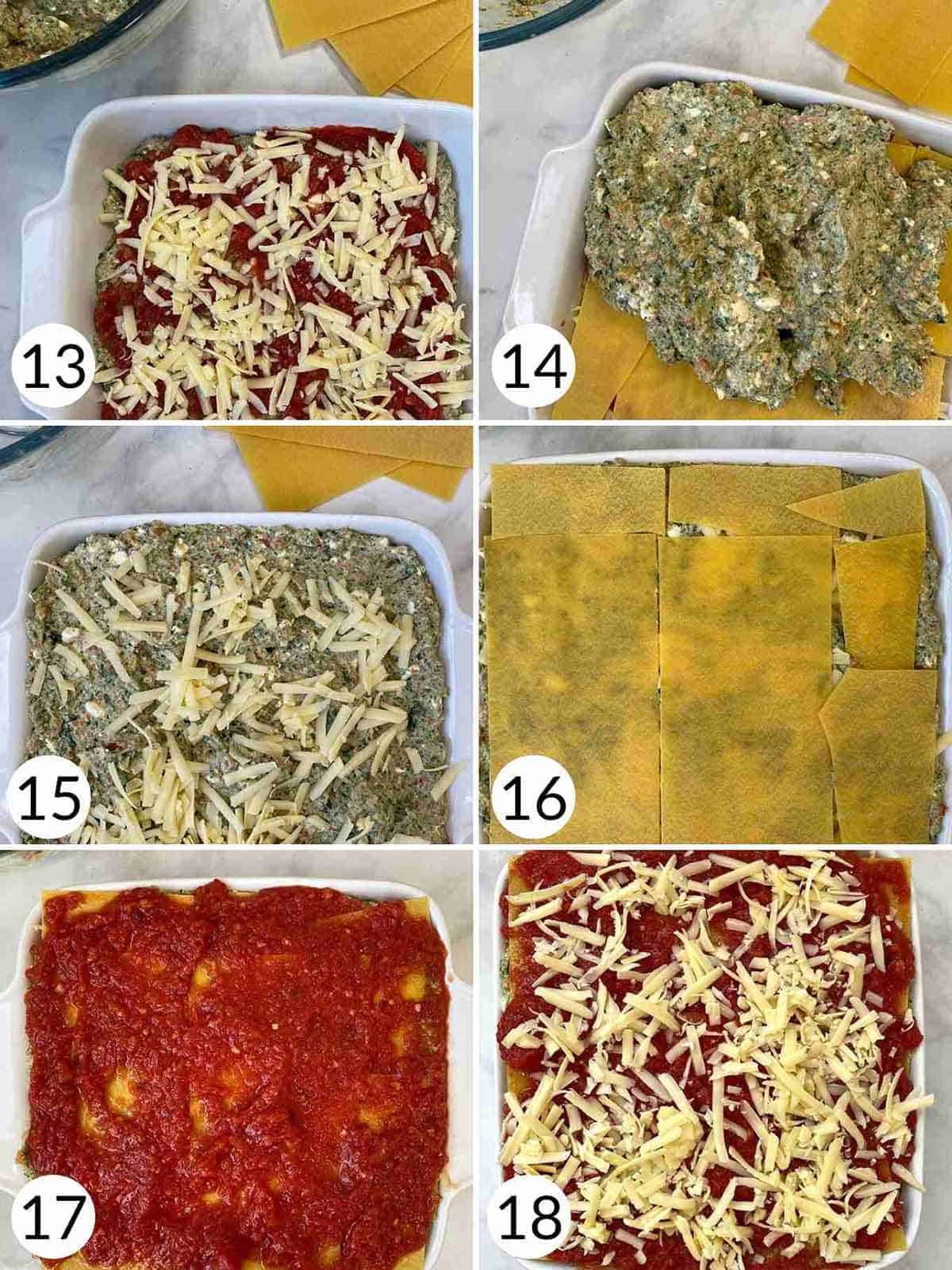 6 pictures of putting together a vegetable lasagna