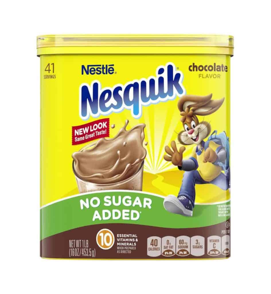 A tub of Nesquik no added sugar drink