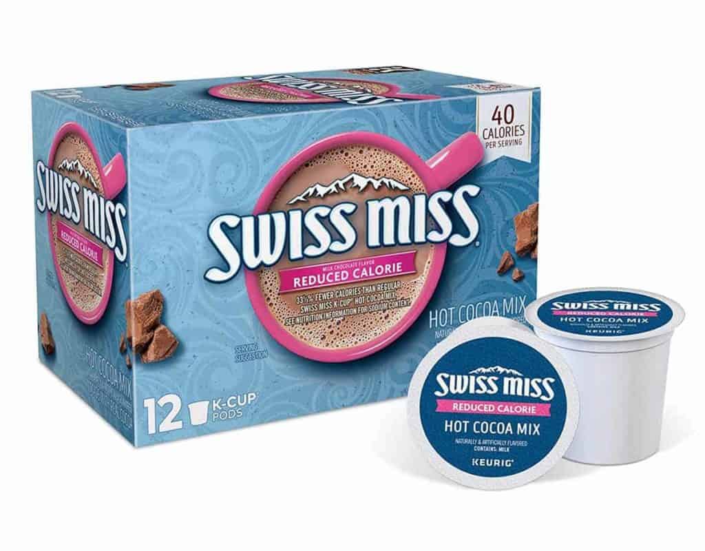 A box of Swiss Miss reduced calores Hot chocolate mix pods