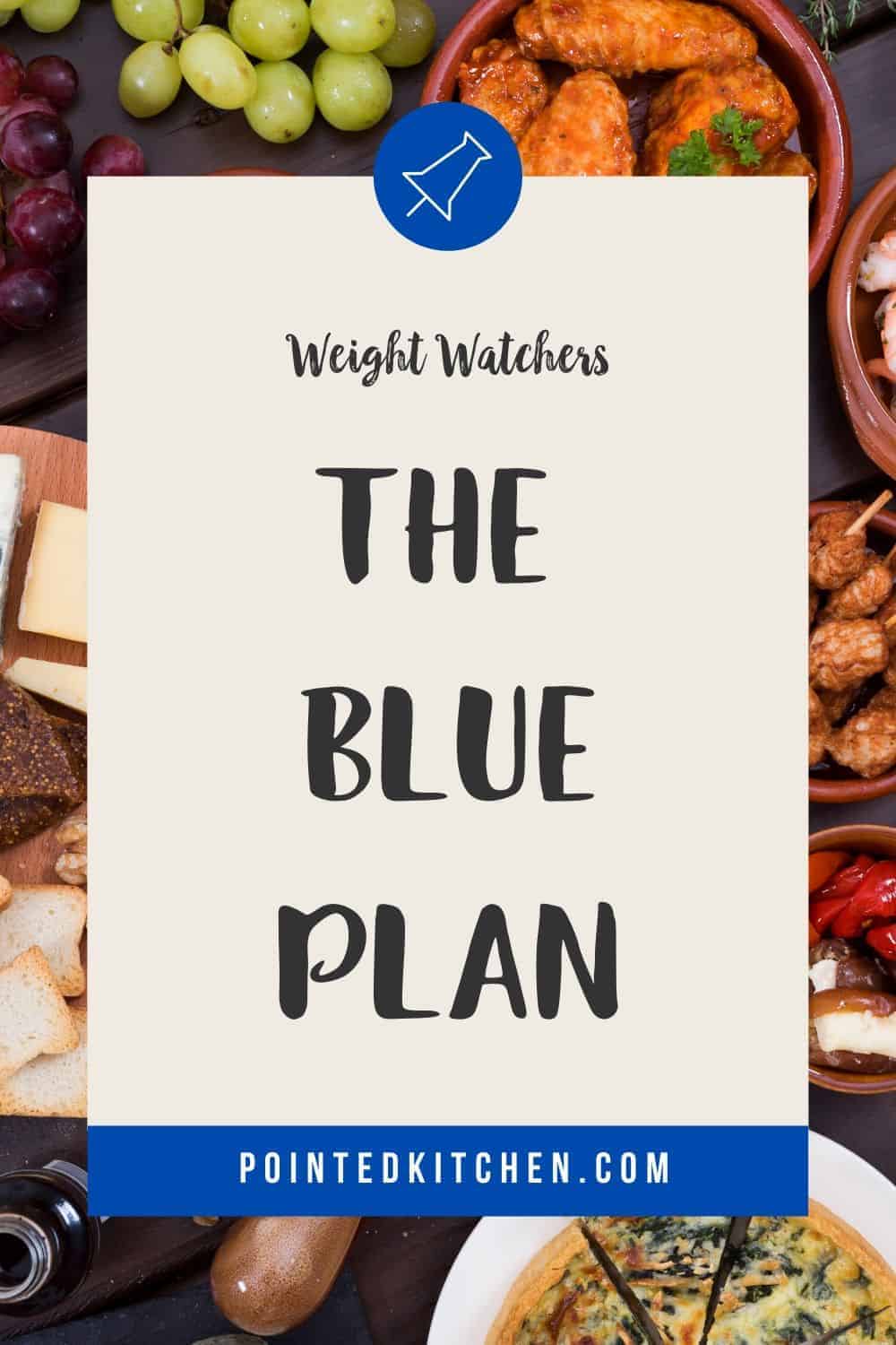 Dishes of different foods on a dark background with a text overlay - the blue plan