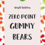 Red, green and orange gummy bears on a white background with a title of zero point gummy bears