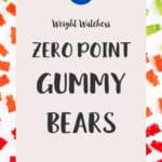 Red, green and orange gummy bears on a white background with a title of zero point gummy bears