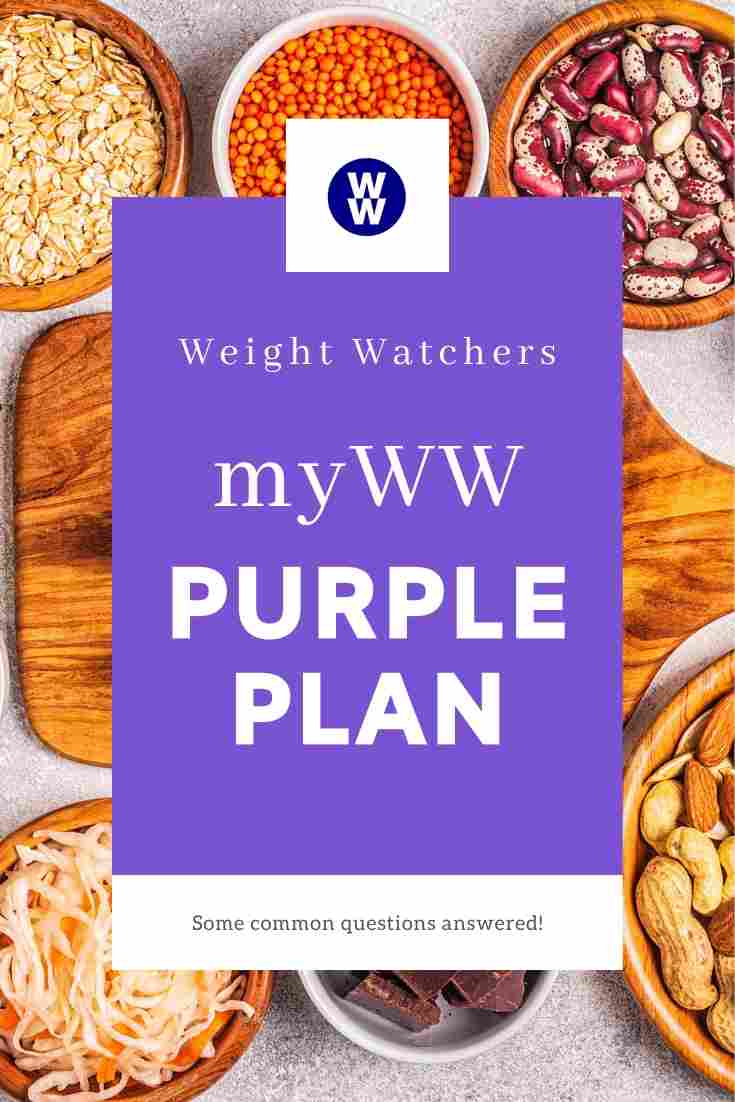 A table covered in small bowls of foods such as beans, oats, nuts and noodles. Overlay of text 'myWW Purple Plan'
