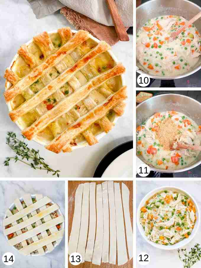 A collage of pictures showing the making of chicken pot pie