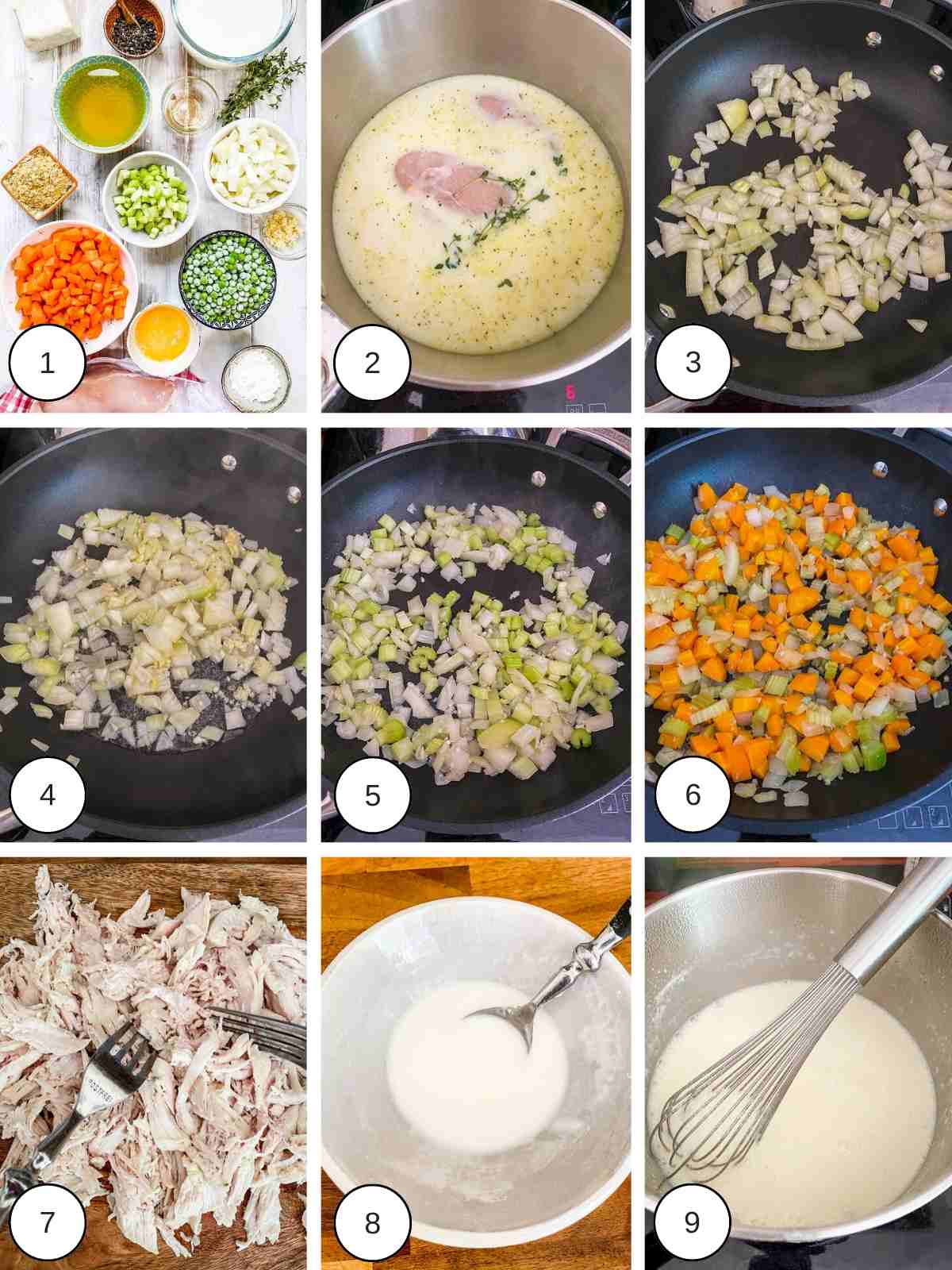 9 pictures showing the process of making WW chicken Pot pie.