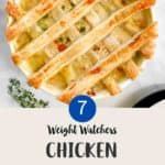 A white dish of Chicken Pot Pie with lattice pastry & a text overlay stating Weight Watchers Chicken Pot Pie