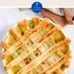 A white dish of Chicken Pot Pie with lattice pastry & a text overlay stating Weight Watchers Chicken Pot Pie