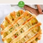 A white dish of Chicken Pot Pie with lattice pastry & a text overlay stating Weight Watchers Chicken Pot Pie