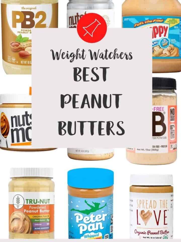 9 jars of peanut butter with a text overlay stating Weight Watchers Best Peanut Butters.