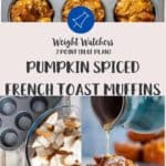3 pictures of pumpkin muffins, a close up, ingredients being prepared and syrup being poured on a muffin.