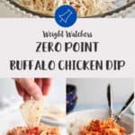 3 pictures of shredded chicken made into a 'dip' with a text overlay stating it is zero points on WW.