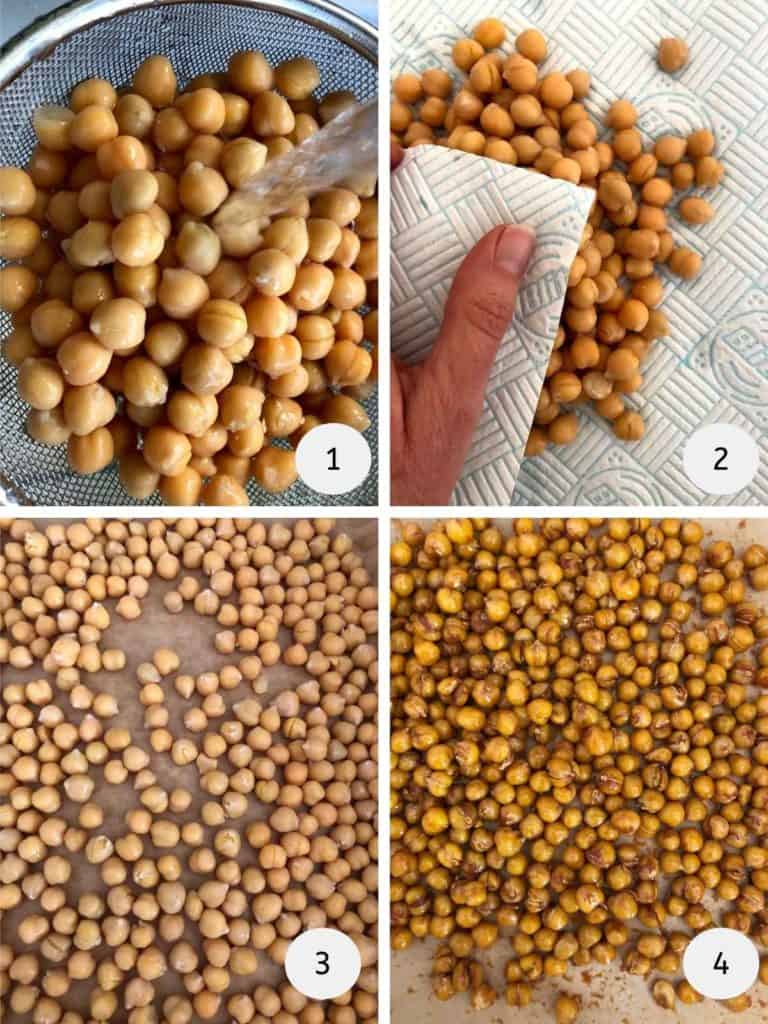 4 pictures of chickpeas being washed, dried, laid out on parchment paper and roasted.