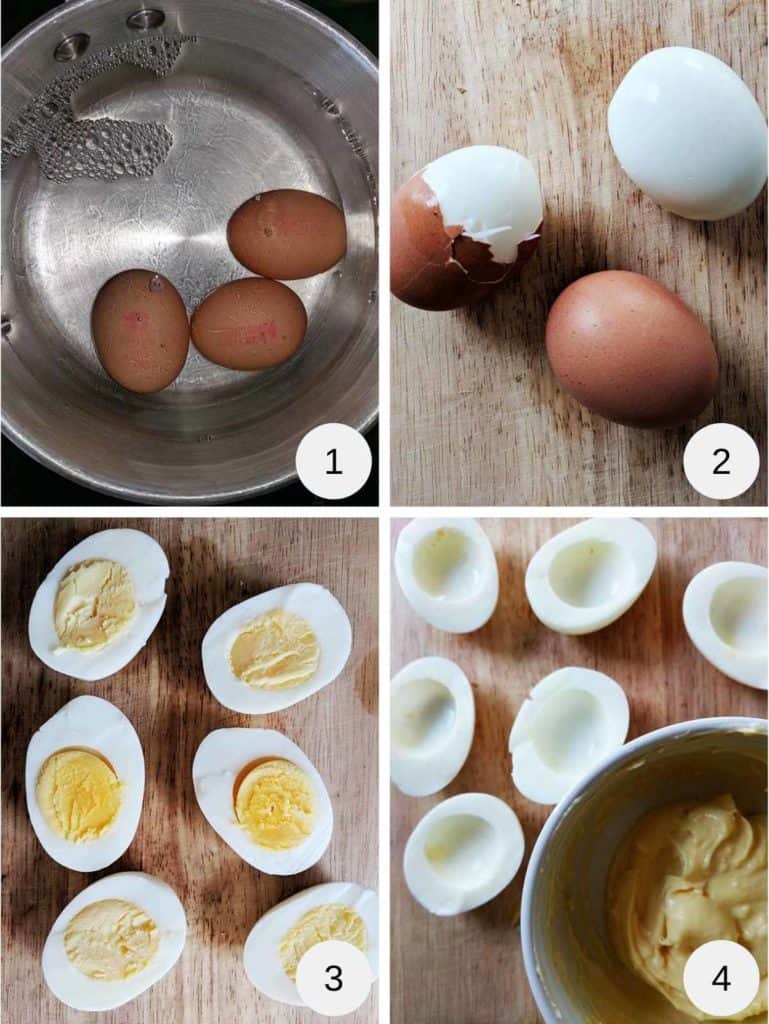 Collage of four pictures of preparing deviled eggs.