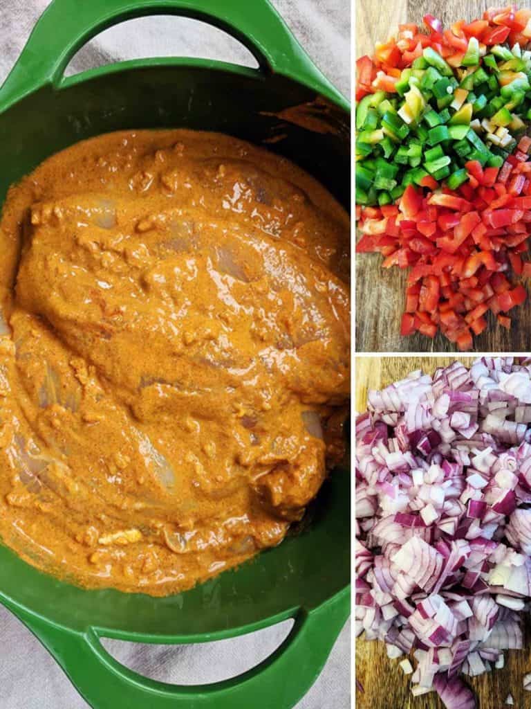 Pictures of a bowl of marinating chicken, some chopped pepper and chopped onions.