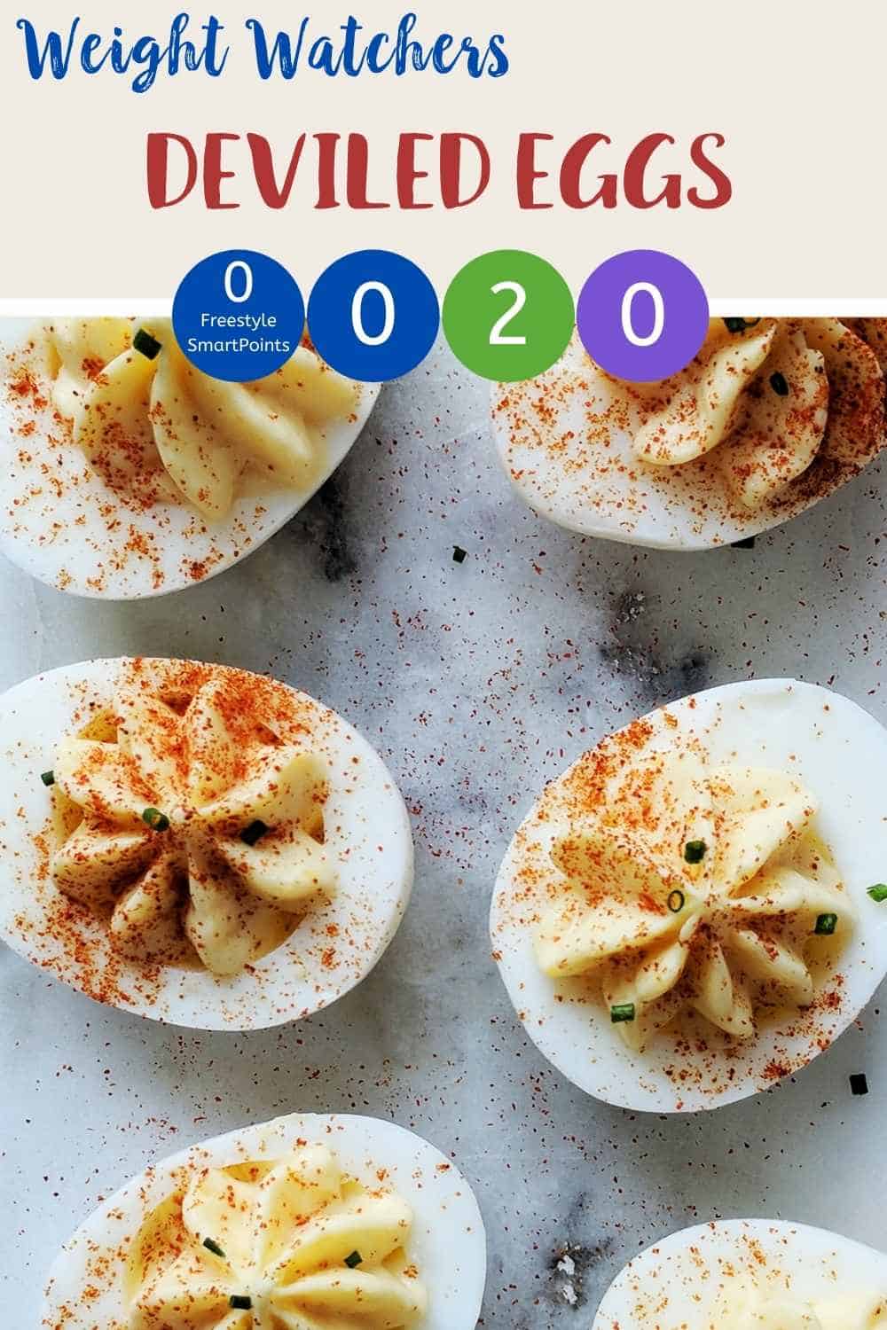 A marble table with 6 deviled eggs dusted with paprika and chives with text overlay stating Weight Watchers Deviled Eggs.