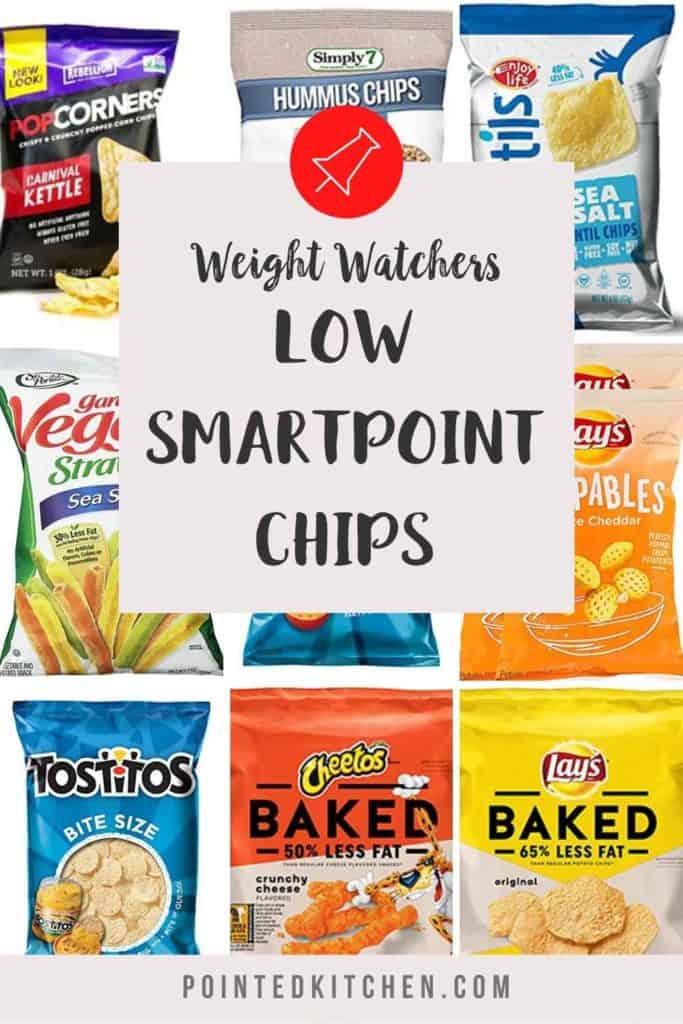  Un collage de marcas de chips con superposición de texto que indica los chips smartpoint bajos de Weight Watchers.