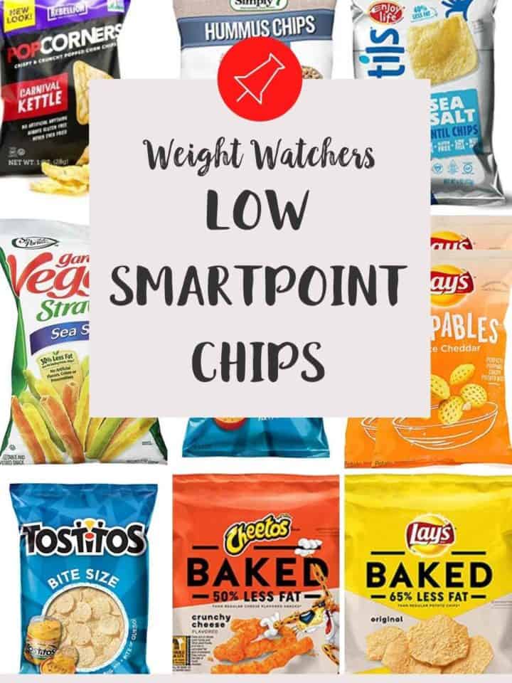 A collage of chip brands with text overlay stating Weight Watchers low smartpoint chips.