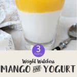 A glass of a layed dessert of mango and yogurt parfait topped with pomegranate seeds with text overlay stating 'Weight Watchers Mango & Yogurt Parfait'.