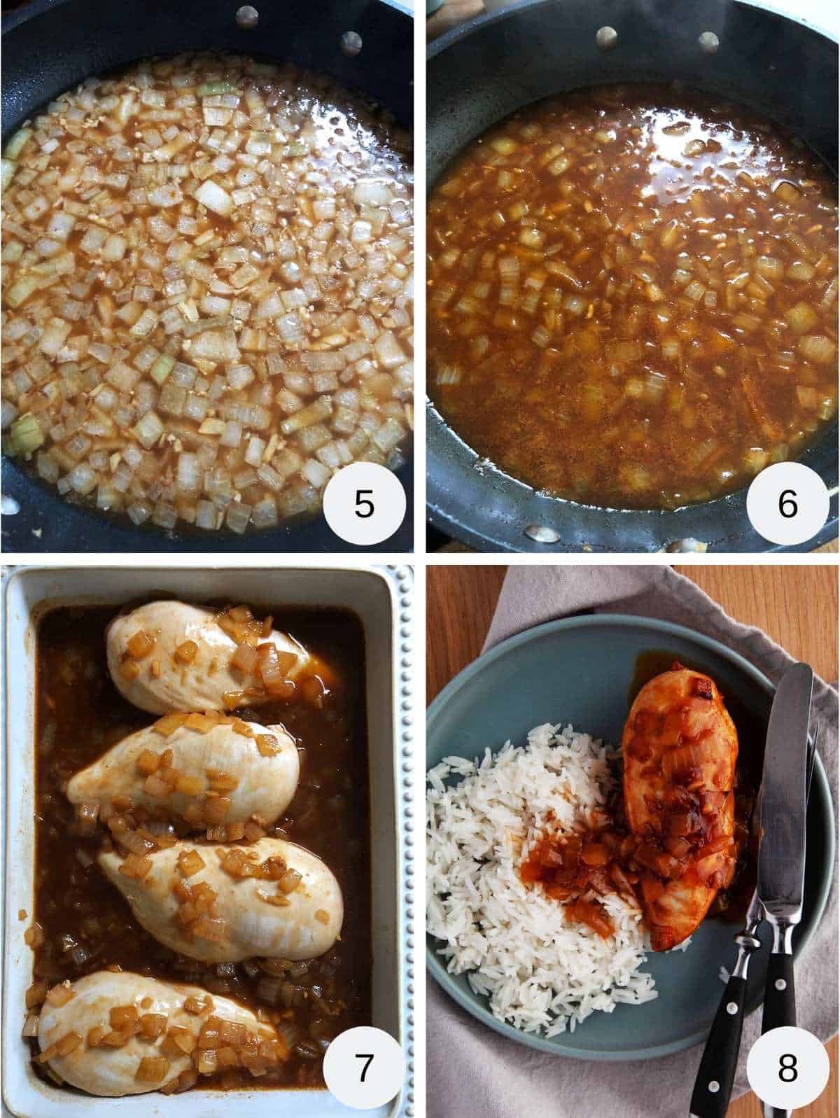 Photo collage - picture one onions in ginger beer, picture two onion in ginger beer reduced, picture three 4 chicken breasts and sauce in a casserole dish and picture four a plate of chicken casserole and rice.