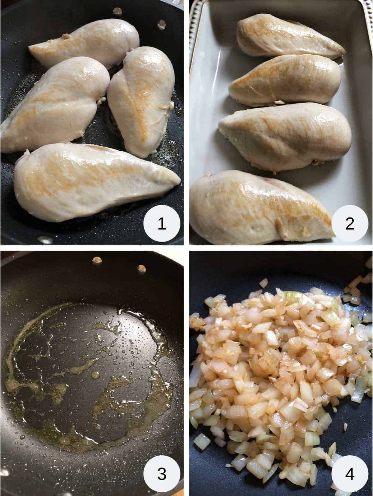 Photo collage. Image one chicken breasts frying, image two browned chicken breasts, image three oil in a pan and image 4 onions browning in a skillet.