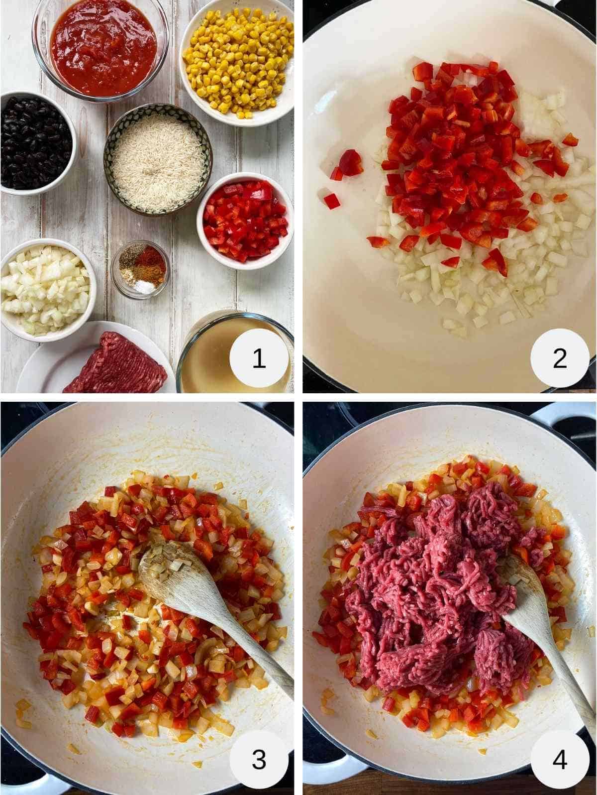 Four photographs of the ingredients to make WW burrito bowl and how to cook it.