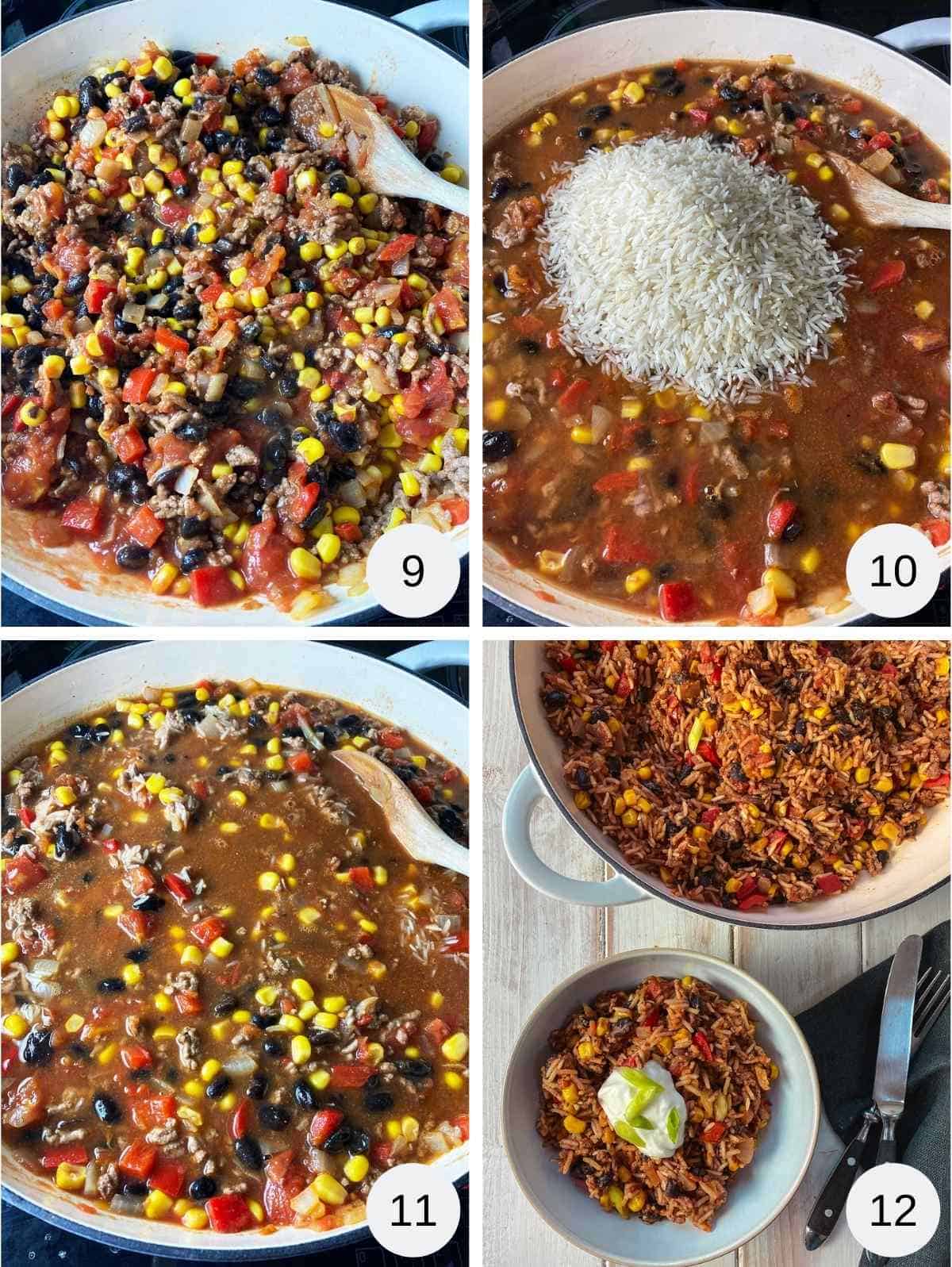 4 photographs of the process of cooking a burrito bowl.