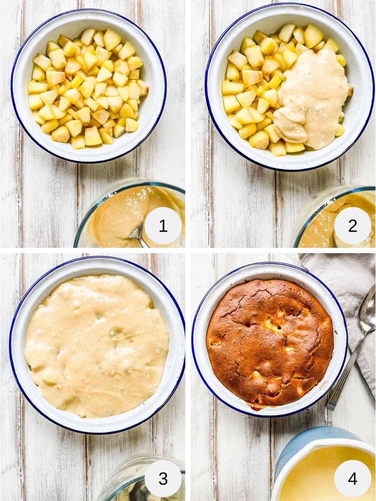 4 pictures of making apple sponge pudding, includes pictures of pie dish of chopped apples, spreading sponge topping on top and after baking.