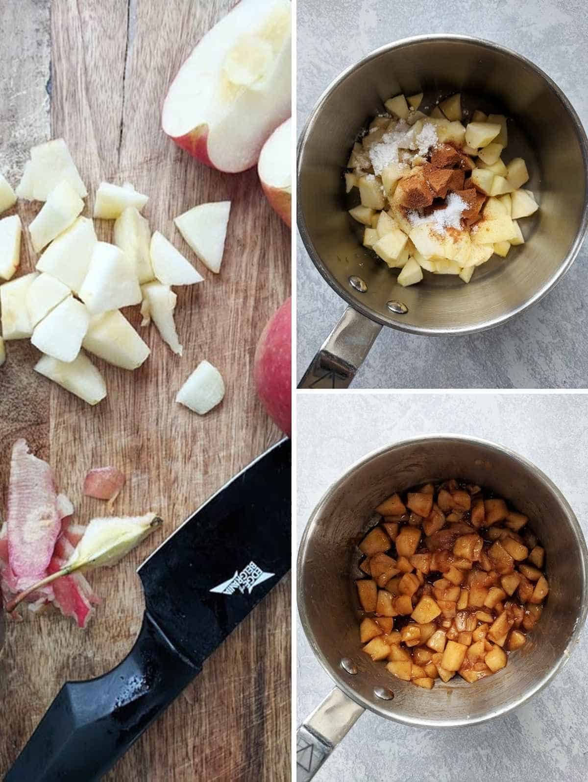 3 photos of making cinnamon apples. First shows chopped apples, 2nd shows chopped apple and cinnamon in a saucepan and last shows after it has been cooked.