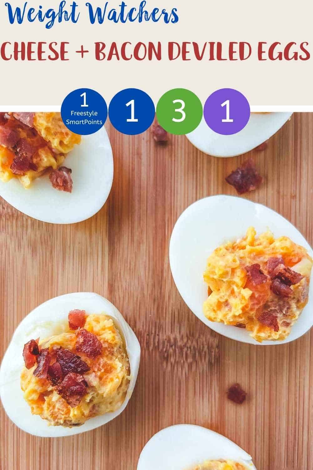 5 cheese and bacon stuffed eggs on a wooden board.