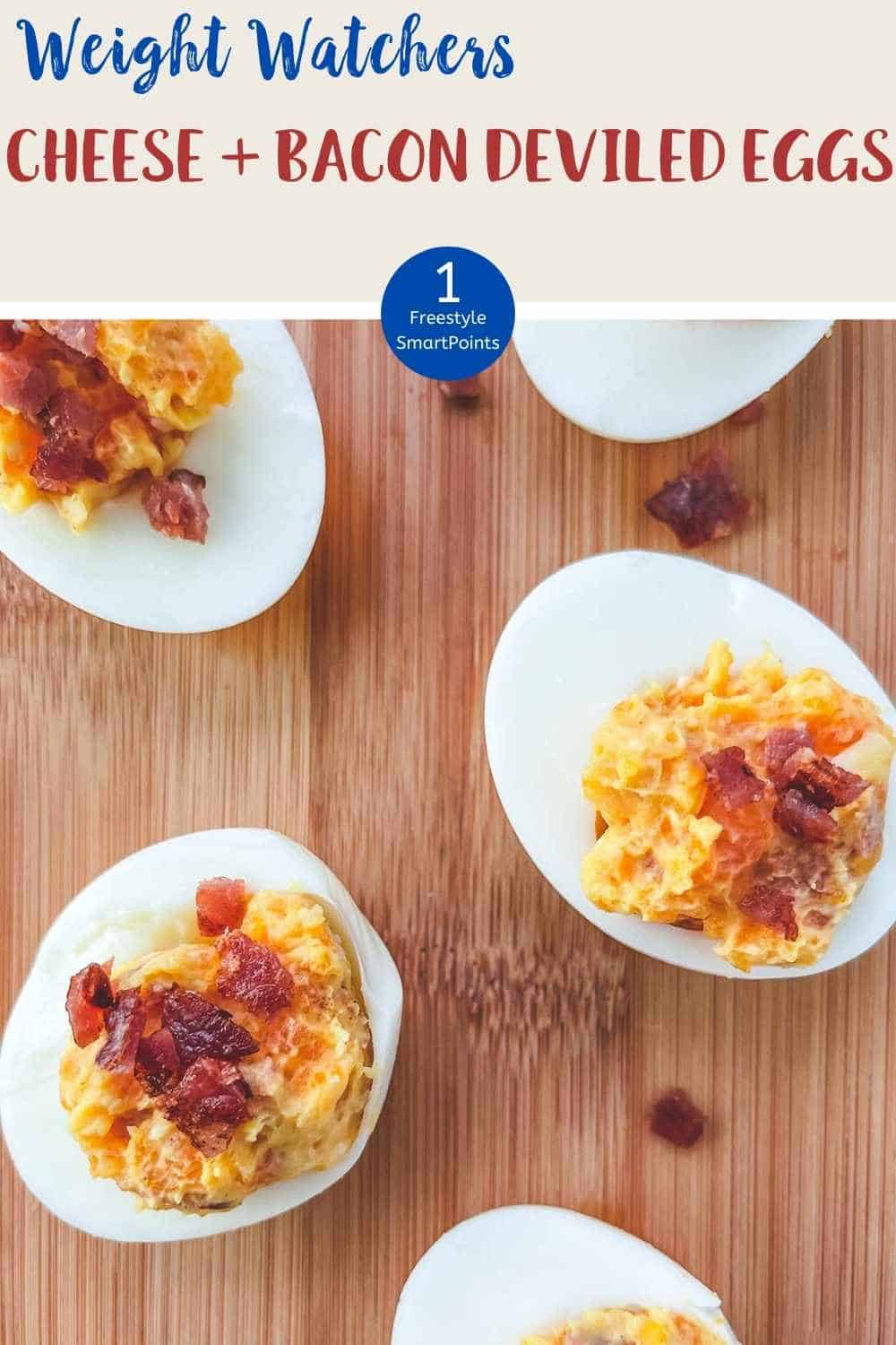 5 cheese and bacon stuffed eggs on a wooden board.