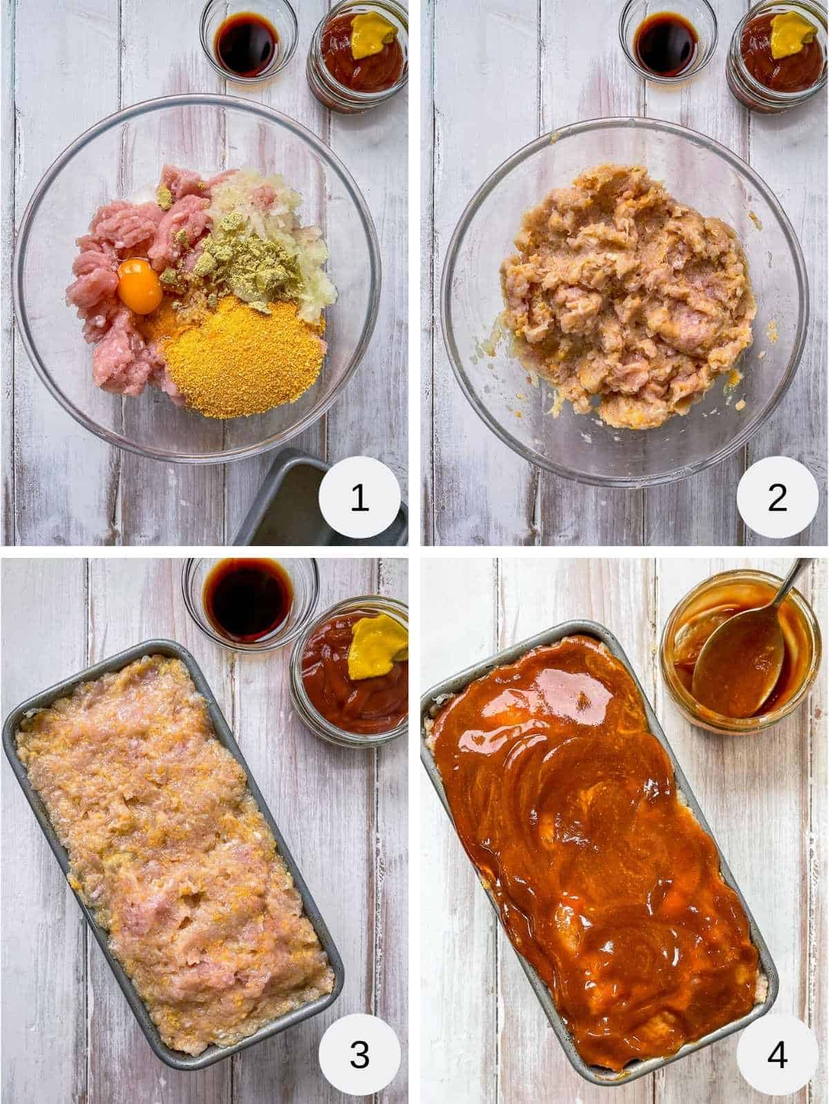 4 pictures of the process of making turkey meatloaf.