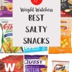 A collage of different low point salty snacks with text overlay stating Weight Watchers Best Salty snacks.