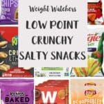 A collage of different low point salty snacks with text overlay stating Weight Watchers Low Point Crunchy Salty snacks.