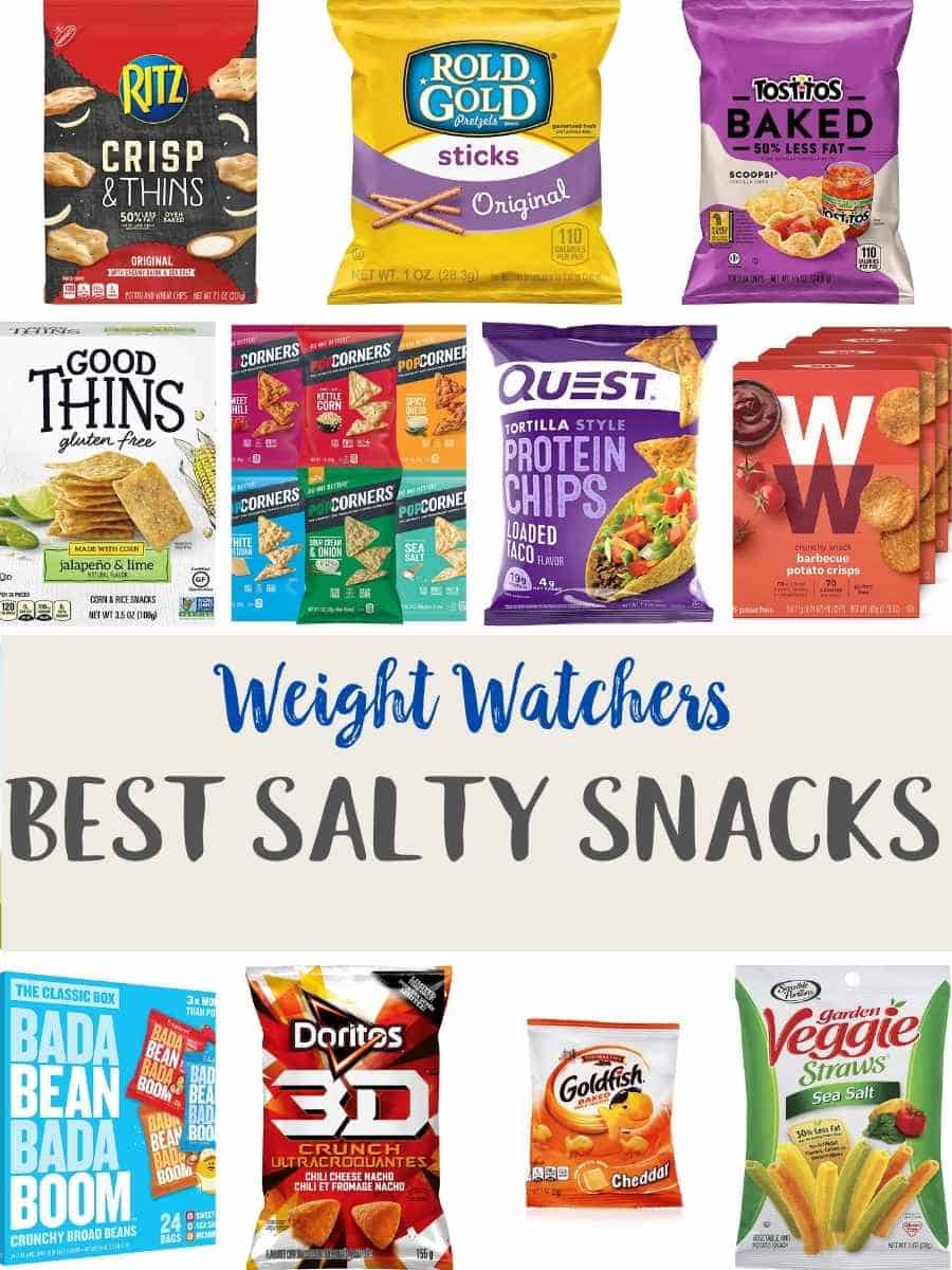 A collage of different low point salty snacks with text overlay stating Weight Watchers Best Salty snacks. 