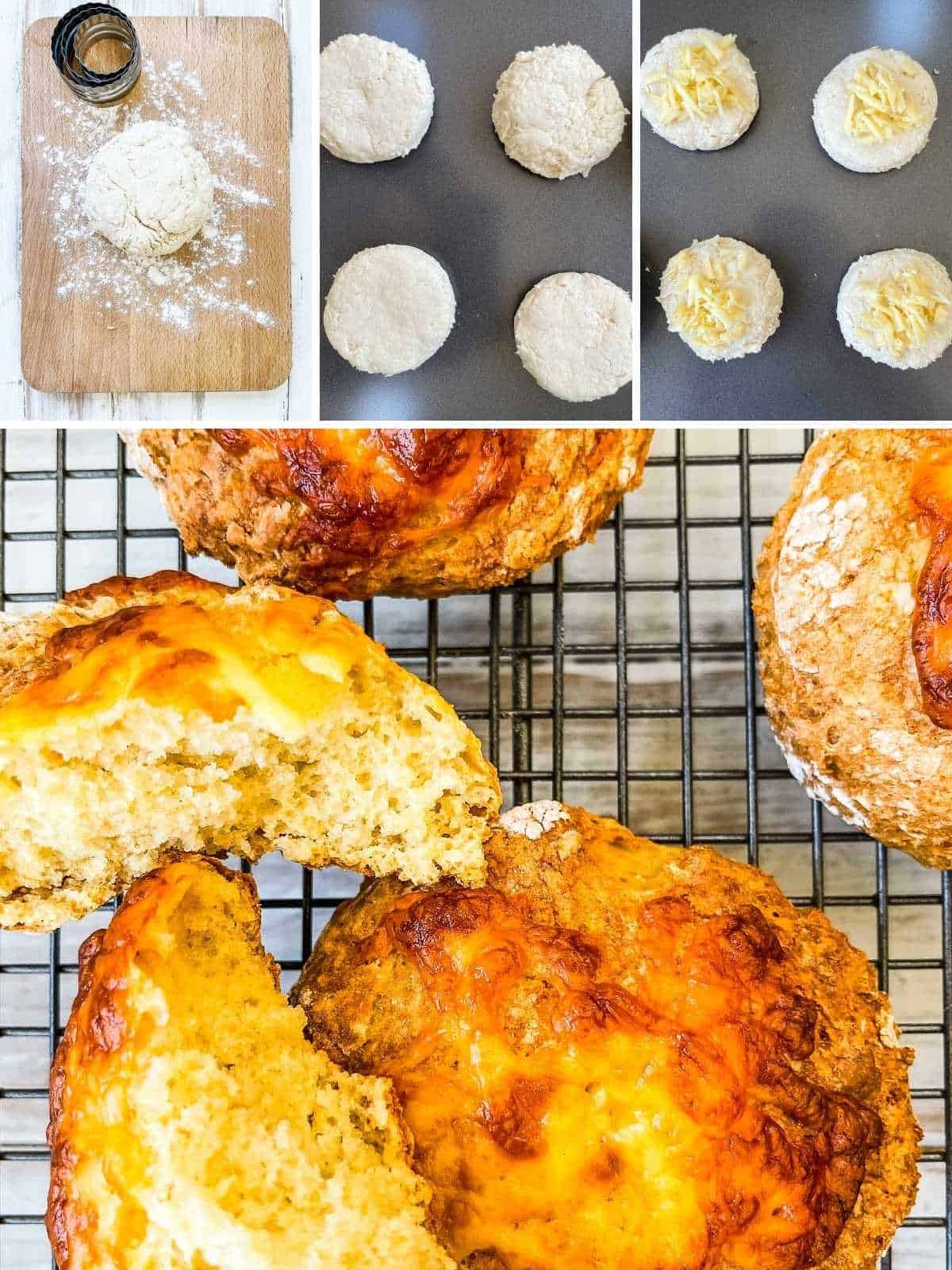 A collage of pictures showing the process of making cheese scones.