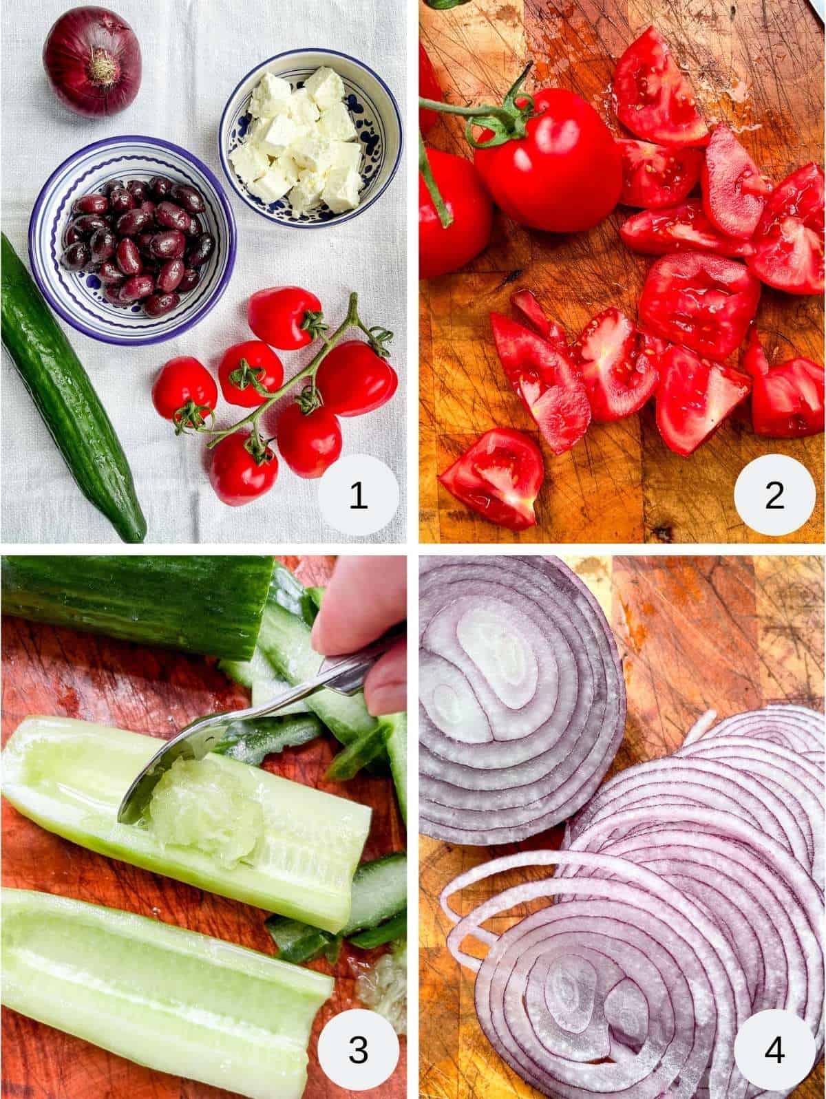 A collage of pictures showing the process of making Greek salad.