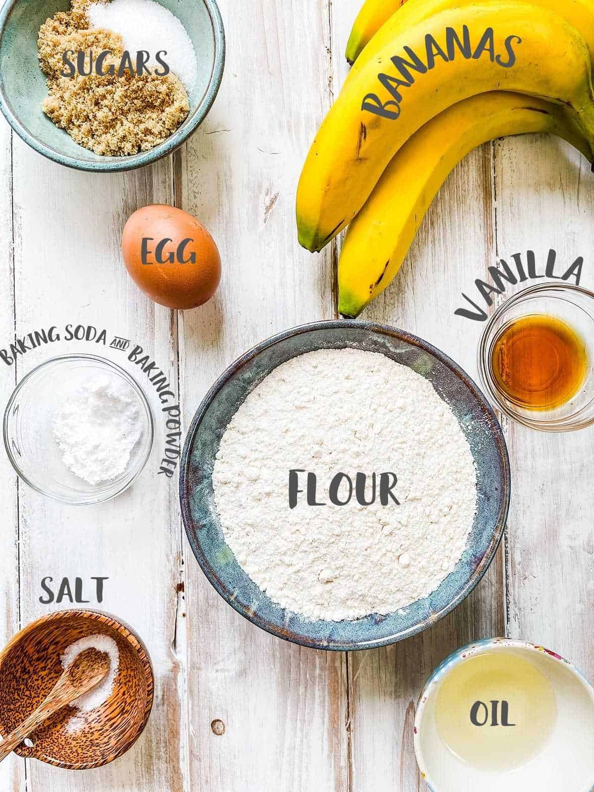 Ingredients for making Banana Bread on a white table with titles.