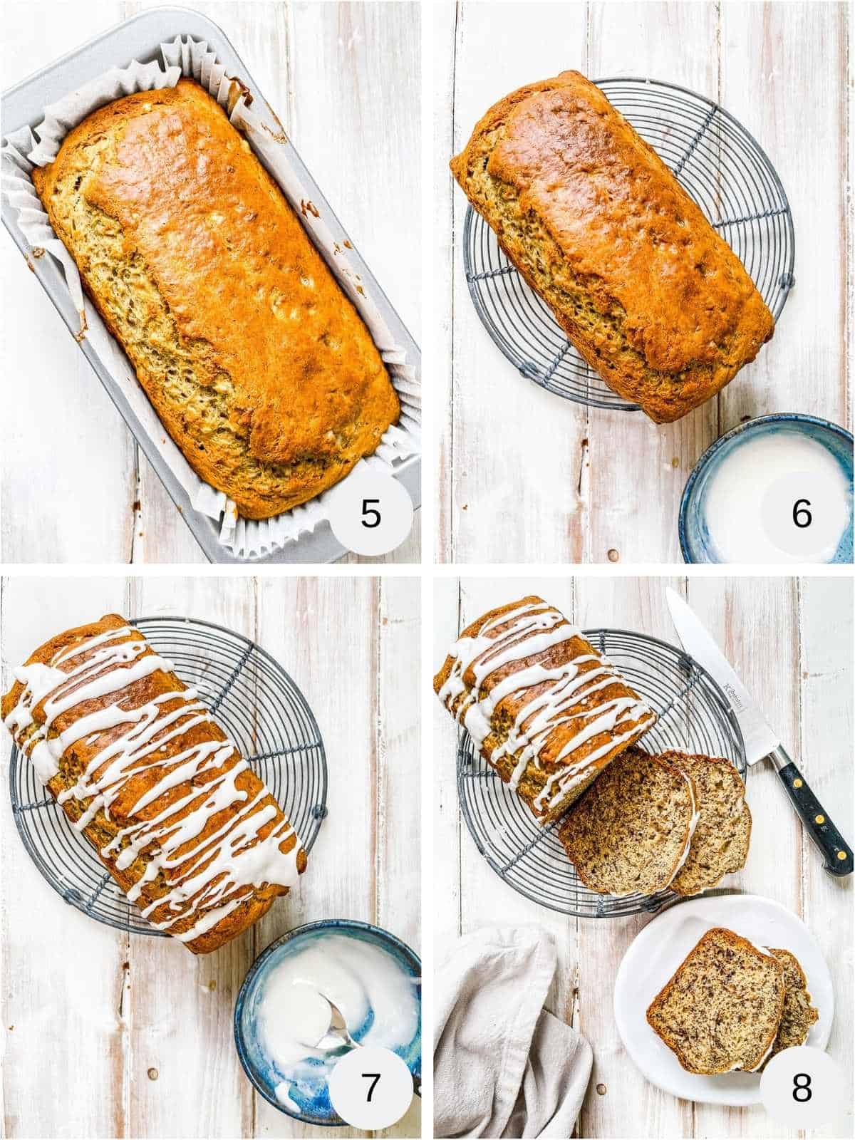 Collage of photos of icing a banana bread.