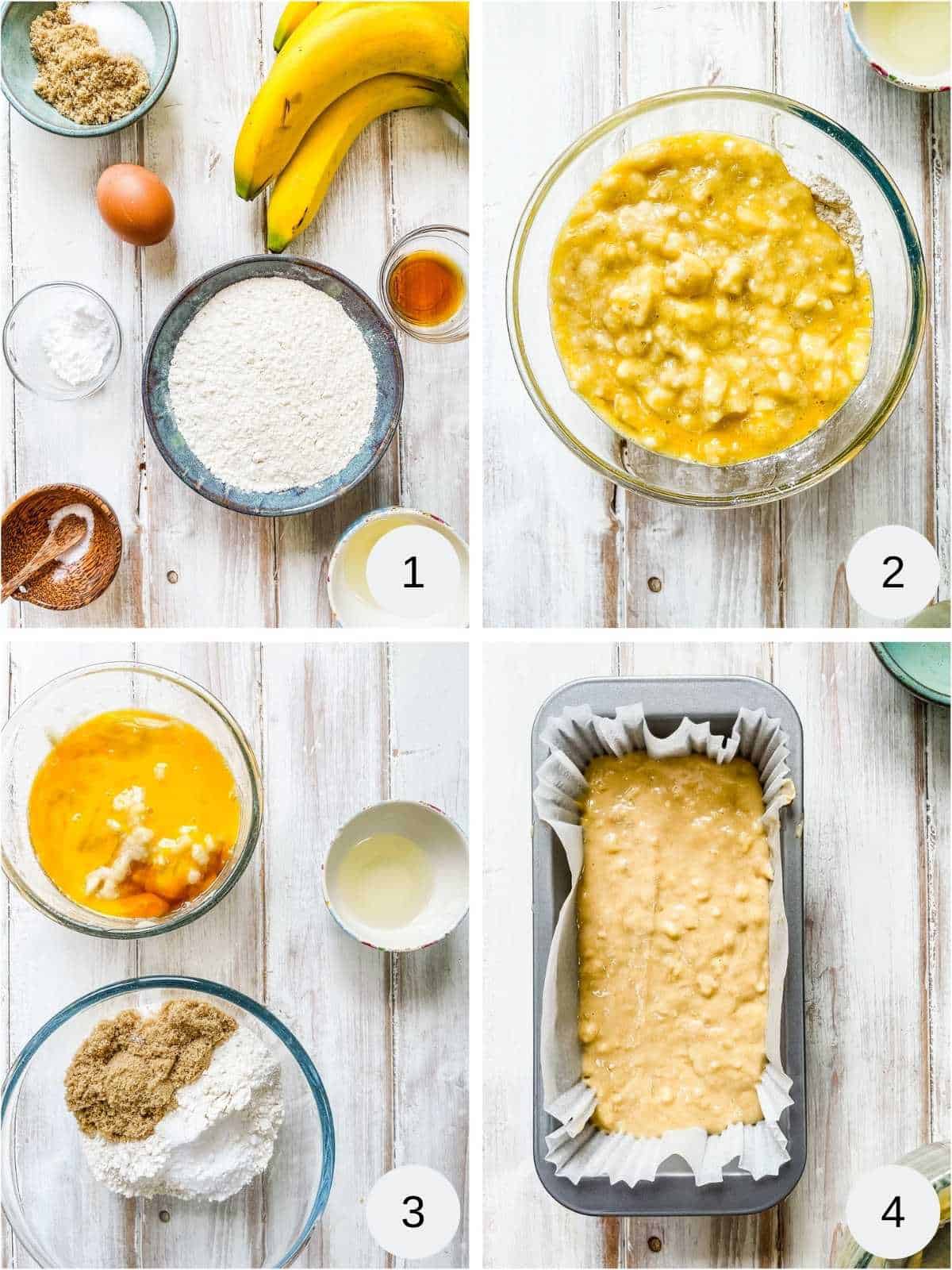 A collage of photographs of making banana bread.