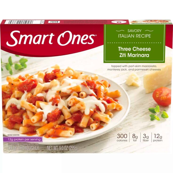 A packet of Smart Ones frozen meal 3 cheese ziti marinara.