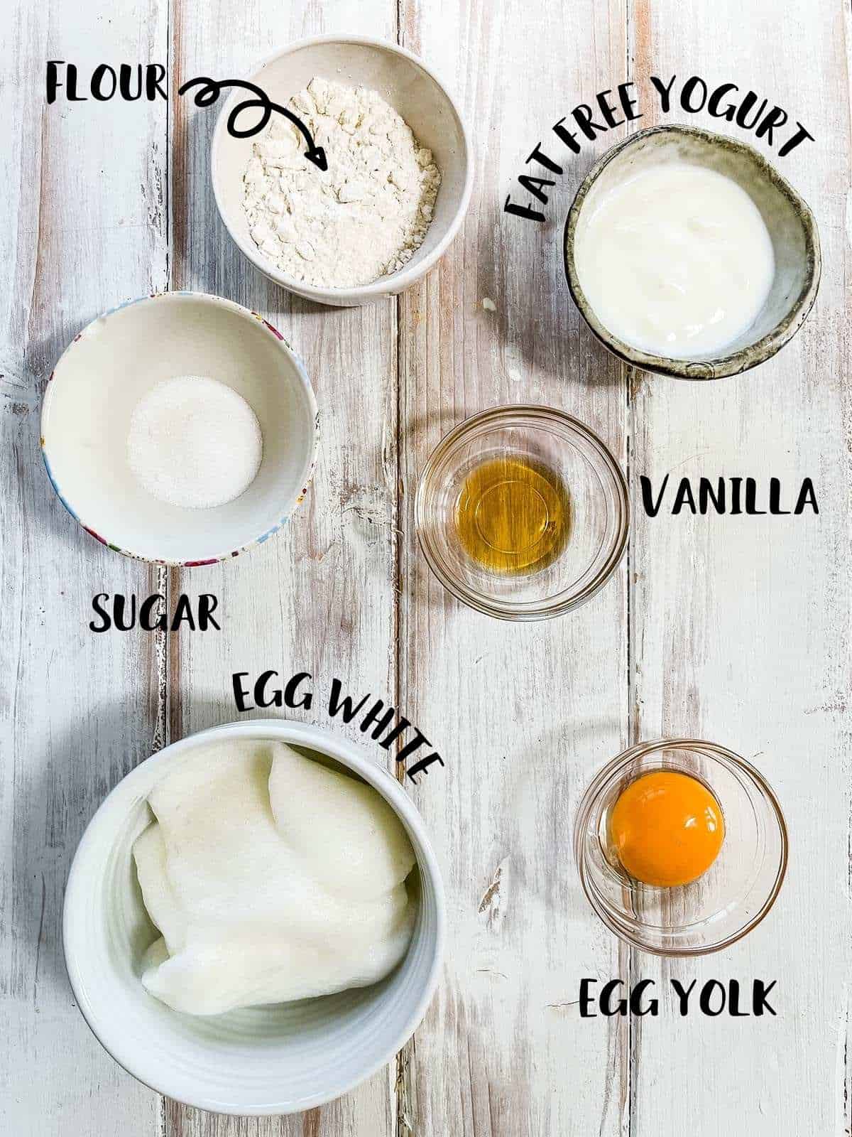 Dishes of the ingredients needed to make pancakes with labels.