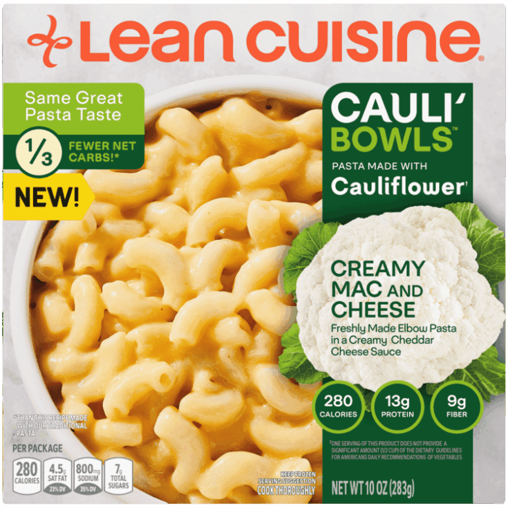 A box of Lean cuisine Mac & Cheese on a white background.