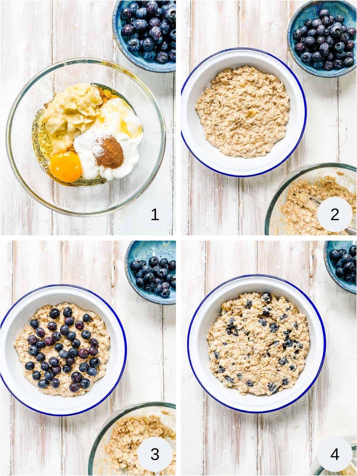 4 photos depicting the process of making baked oatmeal.