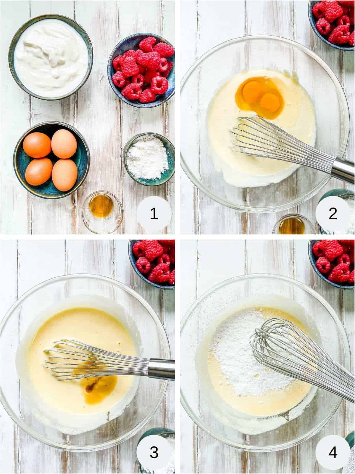 Four photos of the process of making a yogurt tart.