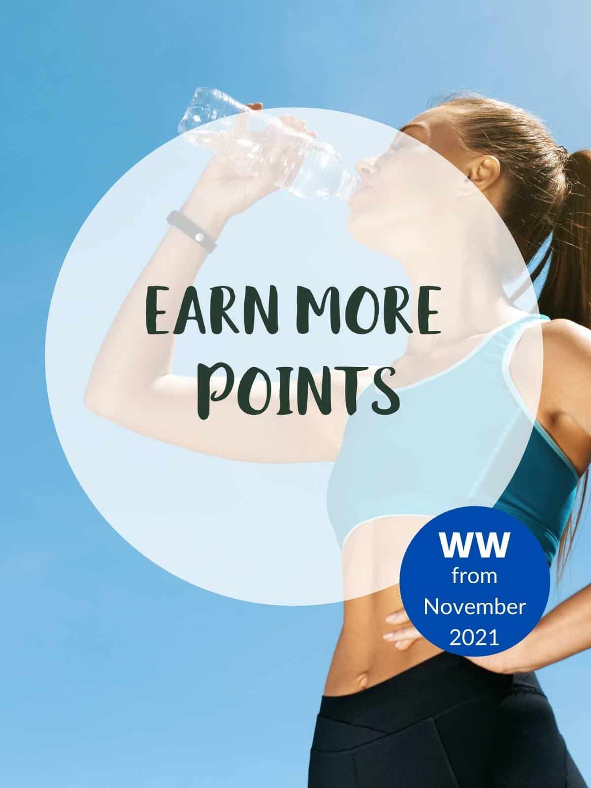 A picture of a woman drinking from a bottle of water with text overlay stating 'Earn more Points' & WW from November 2021.