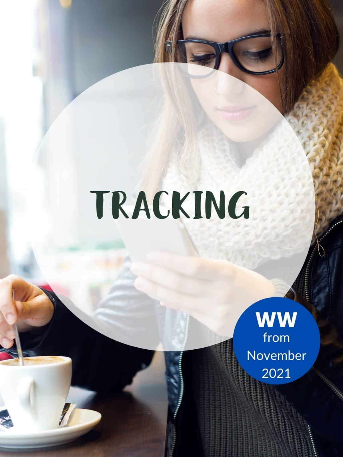 A picture of a woman looking at her phone with text overlay stating 'Tracking' & WW from November 2021.