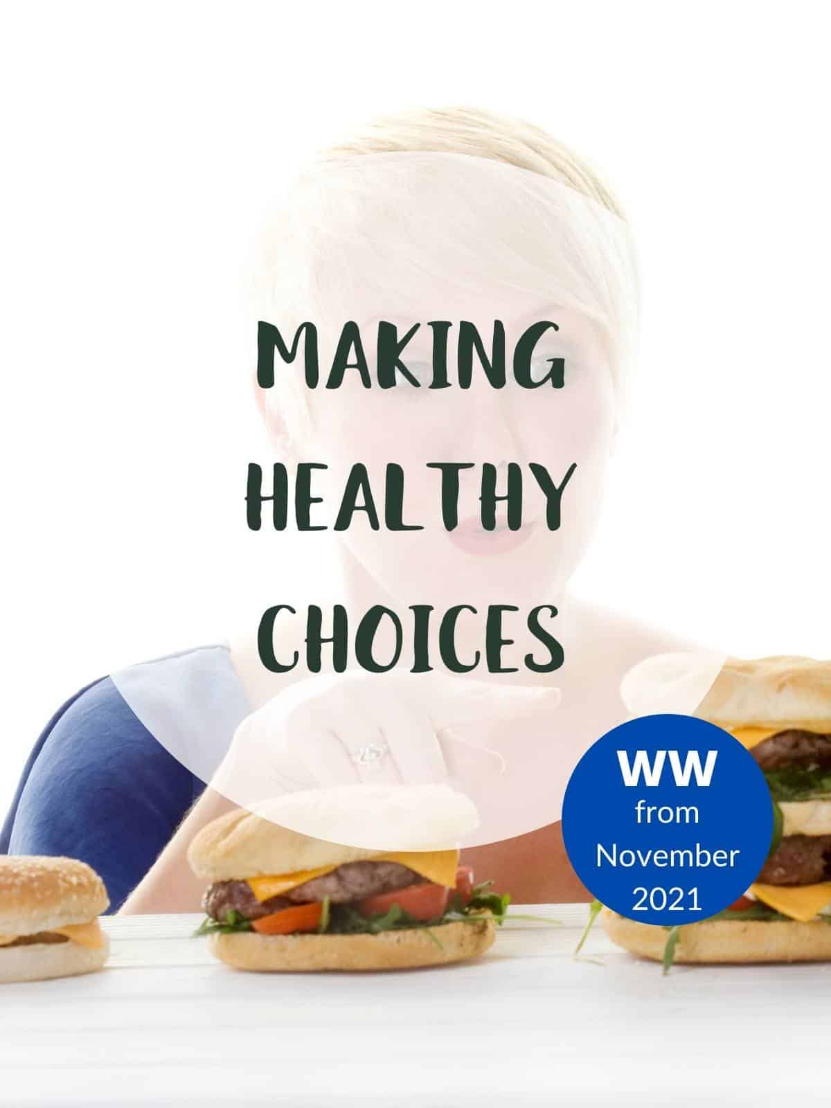 A picture of a woman pointing at a burger with text overlay stating 'Making Healthy Choices' WW from November 2021.